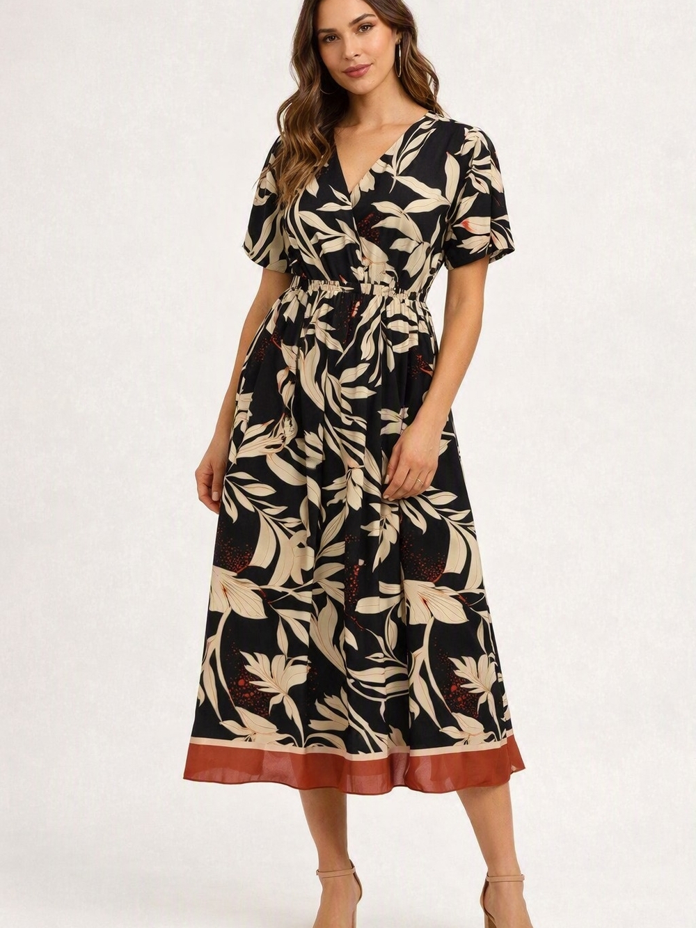 Black Floral V-Neck Midi Dress with Rust Hem
